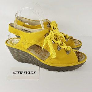 Fly London Ylva Yellow Leather Platform Wedge Sandals Size 41 U.S. Size 10/10.5